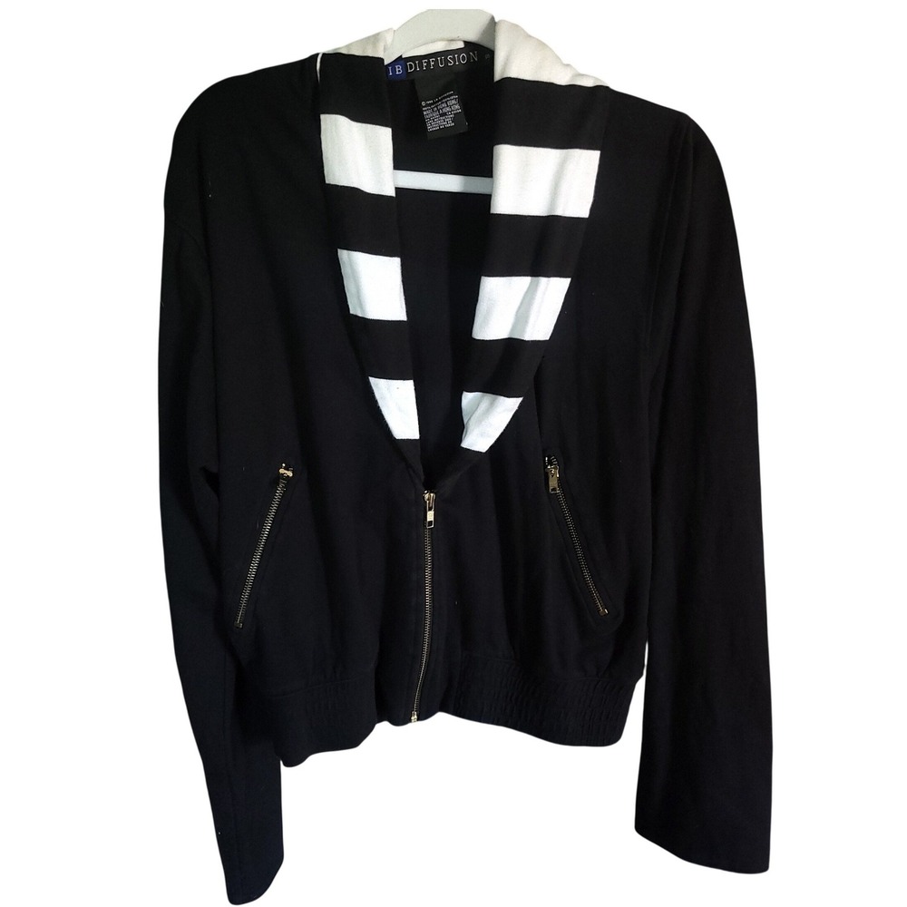 Vintage 1990 IB Diffusion Black Cotton ZipUp Cardigan Striped Shawl Collar Small